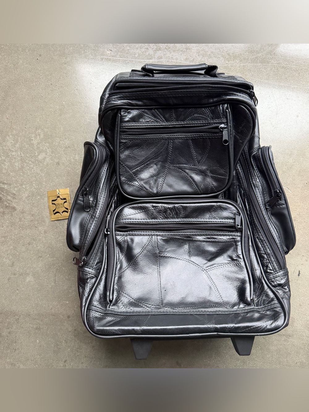 Vintage Black Leather Rolling Carry Backpack Multiple Compartments